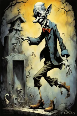 Creepy sinister Pinocchio long nose caricature dancing sardonically on Geppetto's grave with text "RIP GEPPETTO", by Michael Whelan, by Dave McKean, by Stephen Gammell, color dark modern horror comic, sinister-looking gravesite enveloped in a surreal creeping puppet nightmare background, Whelan's visceral detailed style, eerie, scary, dystopian, dark colors, dramatic