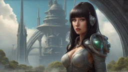 exotic slim sci-fi girl, with long dark hair with bangs, on an alien planet with tall cloud trees, tall spires, buildings, bridges, arches, photorealistic