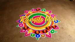 (front view of) Title Of the song "Rangilo Moh" written in abstract brush style font with golden color inside a colorful Rangoli on a earthy rustic floor-surface with six diya decorating the rangoli.