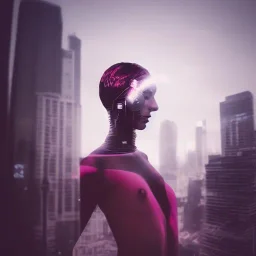 double exposure of a futuristic cyberpunk woman in an alien city by alessio albi --v 4