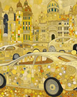 A pale yellow metropolis with speedy racecars painted by Gustav Klimt