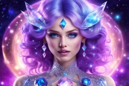 beautiful bright fairy cosmic women with cosmic hair, crystal jewel and dressed with a magic crystal suit