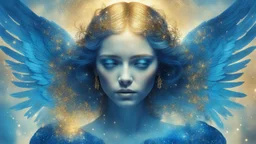 beautiful sad woman angel, double exposure in fantasy style, blue, gold, sparkles, fine rendering, bright colors, photorealism, 3D, with acrylic elements