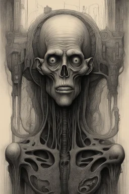 an old men , a thin line draw ، , front view camera, decayed and rotting with grotesque proportions and imagery. surreal horror, biomechanical design, by hr giger and beksinski , fine lines draw