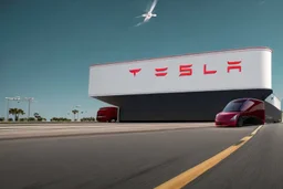 A Tesla 'Semi' (semi truck) is going at a high speed, in the 'Kennedy Space Center' in Florida. (CINEMATIC, WIDE ANGLE LENS, PHOTO REAL)