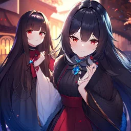 Clear focus, high resolution, black long fluffy hair, red eyes, wearing a cute outfit, kawaii