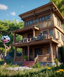 Cartoon pet with a smiley looking at a small house|mdjrny-v4 style| wide angle| intricate detailed| hyperrealistic| cinematic lighting| cinematic colors|hdr | unreal engine