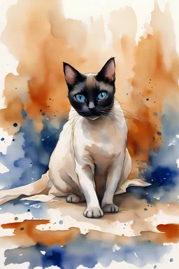 painting of a siamese cat with a black snout and blue eyes crouching on the ground, underneath a blanket, lurking and hunting, looking like it is about to jump our, the cat is in the centre of the picture taking up only one third of the image, in watercolour, in the background an orange wall, splatter, art, aquarell, pastell, ink, soft, lots of white negative space around the outside of the picture, white outlines, full shot
