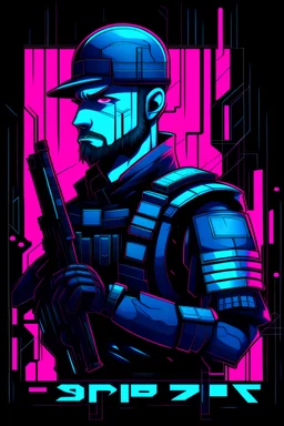 us men soldier with rilfe with text szczepan with blue background colour, neons in cyberpunk styles,
