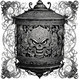 The tattooed killer lantern hovers ominously, its intricate patterns of swirling ink glowing with a malevolent energy. The figure's eyes widen in terror as they realize the true nature of this haunting presence. The tattooed designs on the lantern seem to come alive, shifting and writhing as if possessed by a sinister force. Each mark tells a story of death and despair, a grim tapestry of fate woven into the very essence of the lantern itself. The air is heavy with a sense of impending doom.