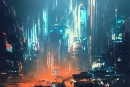 Art by John Berkey and John Harris and Craig Mullins, futuristic cyberpunk city, high rise, smooth, sharp focus, hyper detailed, digital painting, elegant, centered, detailed, neon signs, volumetric lightning, brutalist architecture, 8k