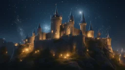 Medieval castle, fantasy, night, glare, sparkles, clear lines, detail, fine rendering, high resolution, 4K, photorealism, precise focus,