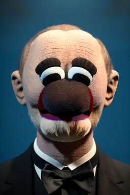 Waist up muppet Portrait, Vladimir Putin as muppet doll, Black suit, photo studio, blue background, unreal engine 5, concept art, art station, god lights, ray tracing, RTX, lumen lighting, ultra detail, volumetric lighting, 3d.