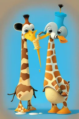 Cartoon character penguin and giraffe eating ice cream