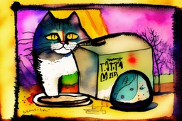 fat cat, lot of cat food in boxes and on plates, styles of Paul Klee Dee Nickerson and Tim Burton, melting watercolor and black ink outlines on wet paper, soft, shading strokes, in sunshine, ethereal, otherwordly, cinematic postprocessing, bokeh, dof