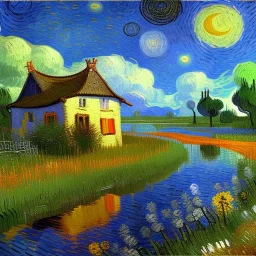 Dibujo al oleo de una pradera con una casa y un rio con cocodrilos con muchas nubes de colores estilo Vincent van Gogh