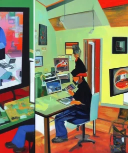 full body person, gadget, postmodern,modern, oil painting, two screens, academic painting