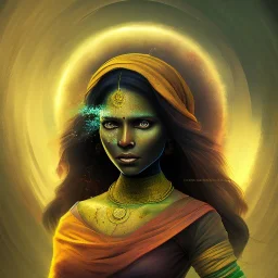 portrait, fantasy setting, woman, dark-skinned, indian, mèche verte