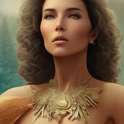 movie poster of jenifer conelly with curly hair and crystal necklace trying dress focus on upper body and face