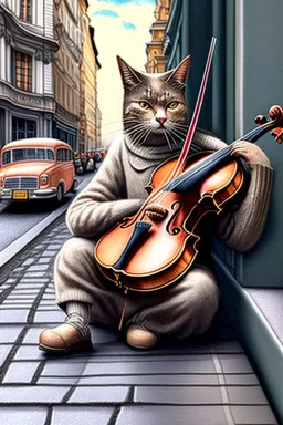 One single mature cat playing violin on the street, Vienna, model style, hyper realistic, extremely accurate, delicate, extremely detailed, Graphic novel style, wide-angle, open aperture, superfine pencil