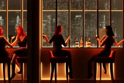 women sitting in a cocktail bar next to a window, outside the window is a city police station in window view, atmospheric ,night lighting,rainy, realistic, unity engine, cinematic lighting, octane render.