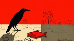 Long Shadows: raven, red fish, red boots, abstract surrealism, minimal, conceptual art