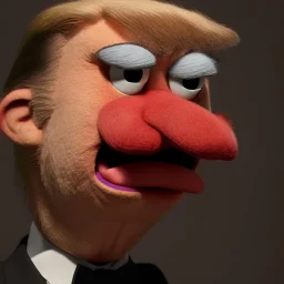 Angry muppet trump, round nose, in suit, eyebrows, spray tan mad