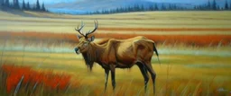 an Elk in a prairie field, oil painting