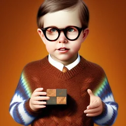 Peter billingsley chubby kid Tortoise-shell glasses, Holding a ((Solid dark red soap bar)) in his hand, brown argyle sweater