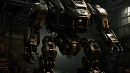 A large, mechanical robotic creature with a menacing appearance. It has a bulky, armored body with various mechanical components. The robot appears to be in a dark, industrial setting, with a textured background.