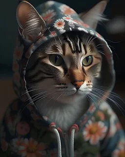 cat wearing embellished hoodie with flowers, 4k