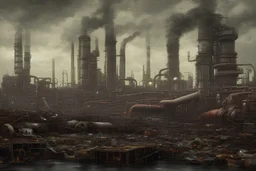 a sprawling industrial landscape with towering smokestacks, billowing dark clouds, and a polluted river. Machinery and discarded waste dominate the foreground, emphasizing the disregard for environmental sustainability. The atmosphere feels grim and desolate, evoking a sense of unease and concern.