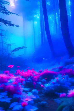 Aesthetic mystical forest with glowing pink, blue and purple flowers