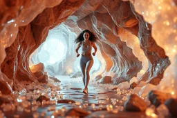 make a video pretty crystal cave covered with jewells and CIFI jewell lights and 3d recursive cubic and sphere base pearls and jwells a beautiful fashion model lady with cute,curvy hair,makeup, in pretty sports suit is running inside cave ,dynamic camera fallow her inside cave capturing full body, dynamic lights.