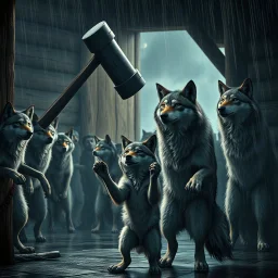 A group of anthropomorphic wolves react in surprise as one large hammer flies in the air against the wall of the wooden building. in the background other anthropomorphic wolves watch the scene unfold with expressions of shock and with surprise faces. one young anthropomorphic wolf in bodyhair stands in the foreground held up empty two paws, high realistic, detailed,dark fantasy mood, rain, cinematic