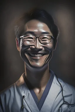 asian surgeon portrait smiling, scalpel pose, dark lighting, hyper-realistic