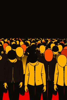 "A conceptual black-and- yellow Red digital illustration of a massive bold heads without faces walking in the same direction, heads down, symbolizing conformity. The atmosphere feels lifeless and repetitive, emphasizing the ordinary mindset of the majority."