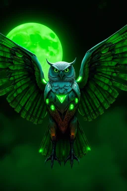 a magnificent robotic owl open winged with greenish feathers in a green light night with a big green moon in the back