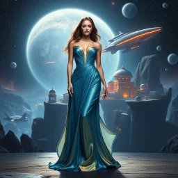 A breathtaking cosmic fantasy scene featuring a stunningly realistic beautiful woman with a perfect face and sculpted figure standing gracefully on an open stage of a floating CIFI town with Space craft landed over it. Surrounding her are CIFI buildings in deep space. She wears an elegant flowing gown in vibrant blue-gold hues that billow around her perfect form.