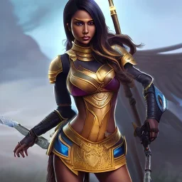 Full body, fantasy setting, heroic fantasy, woman, dark skin, Indian, 20 years old, half-hawk haircut, magician, warrior, hourglass body shape, bicolor hair, muscular, cinematic