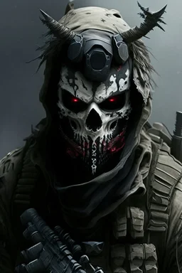 A soldier in the game modern warfare, he wears a skull mask with horns that covers his eyes. The lower half of his face is covered by a mask with a bloody fanged grin. He is a sniper, but can also run point. His call sign is Wraith. Couple