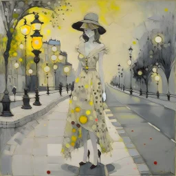 Whimsical and crazy painting of a full body young woman in a soft and dreamy style. The figure standing in the boulevard under a gas lamp shining a pale yellow light is shown in shades of gray and white, with red and yellow dots for emphasis. She wears a flowing black muslin dress and a black wide-brimmed hat, which gives her a graceful and elegant look. The background is abstract, with dull tones that blend together to create a misty atmosphere. Large, stylish red flowers frame the scene, with