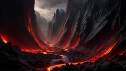 The Valley of the shadow of death. a rift in the cliffs full of burning lava. intensely hot. dark fantasy concept art, exquisite realism, a masterpiece, dynamic lighting, hyperdetailed, intricately detailed, deep color, Unreal Engine, volumetric lighting , Epic cinematic brilliant stunning intricate meticulously detailed dramatic atmospheric maximal,