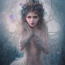 Insanely detailed photograph of an “portrait of gorgeous winter goddess ” with intricate hair, intricate embroidered dress, beautiful clear face and hyperdetailed painting by Ismail Inceoglu Huang Guangjian and Dan Witz CGSociety ZBrush Central fantasy art album cover art,8K, hdr, romantic, mysterious, ominous, beautiful flowers, jewelry, comfort, natural eyes,naked,tasteful