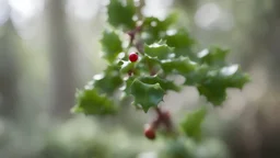 Holly Bertils, growing in the forest, close-up, blurred background