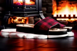 Night time red plaid slippers on black bearskin rug,log cabin walls, stone fireplace