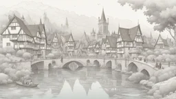 medieval gothic village on a lake with bridges, people, balconies, trees