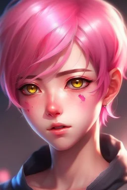 young woman with short pink hair and a scar over one eye anime realistic