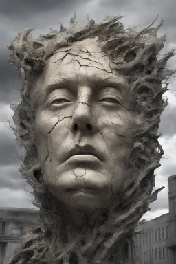 surrealis monochrome A fragmented, surreal sculpture liguid color of photorealistic image 3d,psychedelic art of trump glossy emerging from dreamlike a crumbling building. The face appears pale with deep cracks and intricate details, evoking a haunting expression. Blackened tree branches intertwine with the gold mengkilat cracks, set against a backdrop of stormy, cloud-filled skies. bauhaus art The overall tone is dark and moody, suggesting themes of decay and transformation. Include
