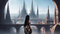Exotic sci-fi skinny girl, with long dark hair, in an alien city, tall spires, buildings, bridges, and arches